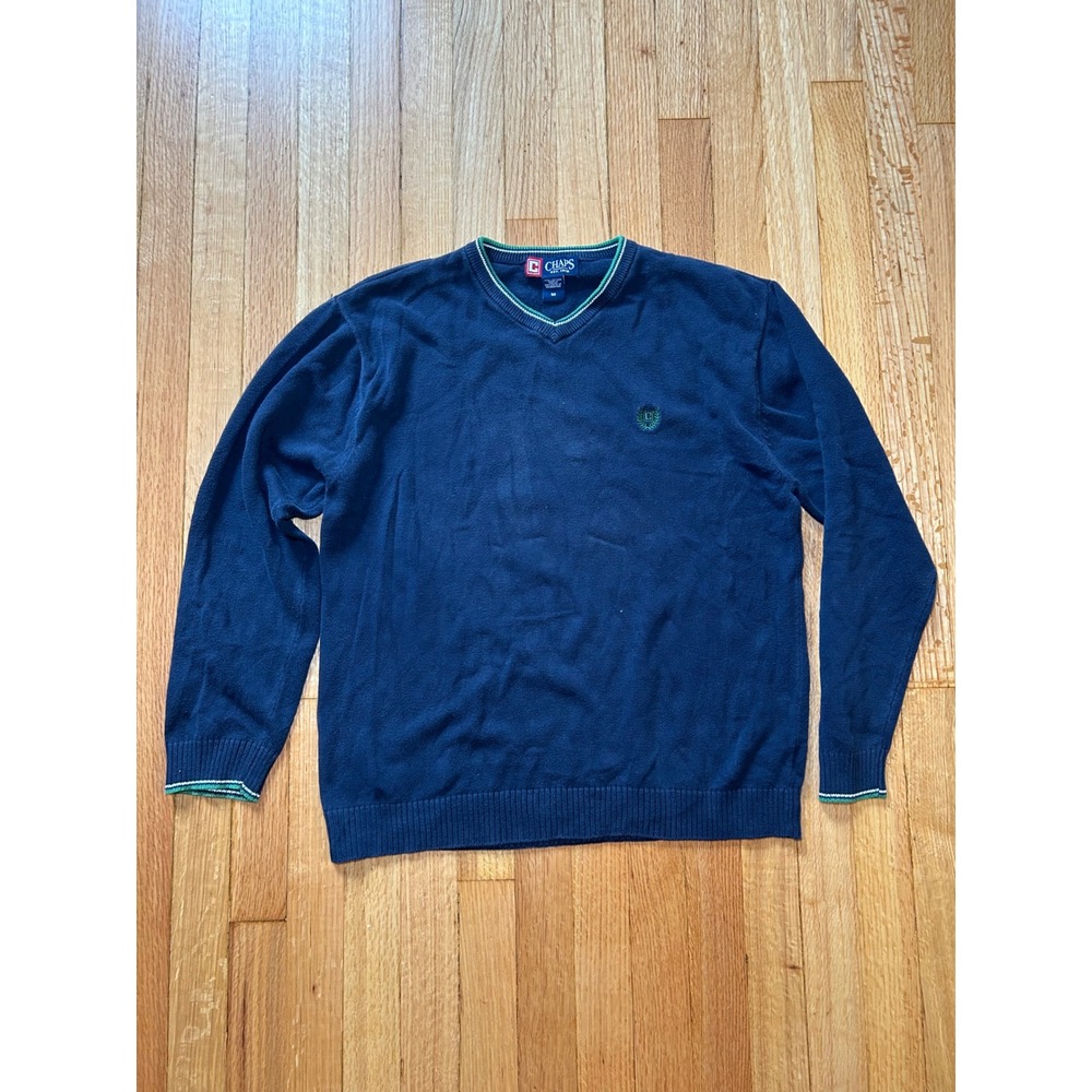 Chaps Mens Navy Blue V-Neck Sweater Green White Trim Crest Logo Size M